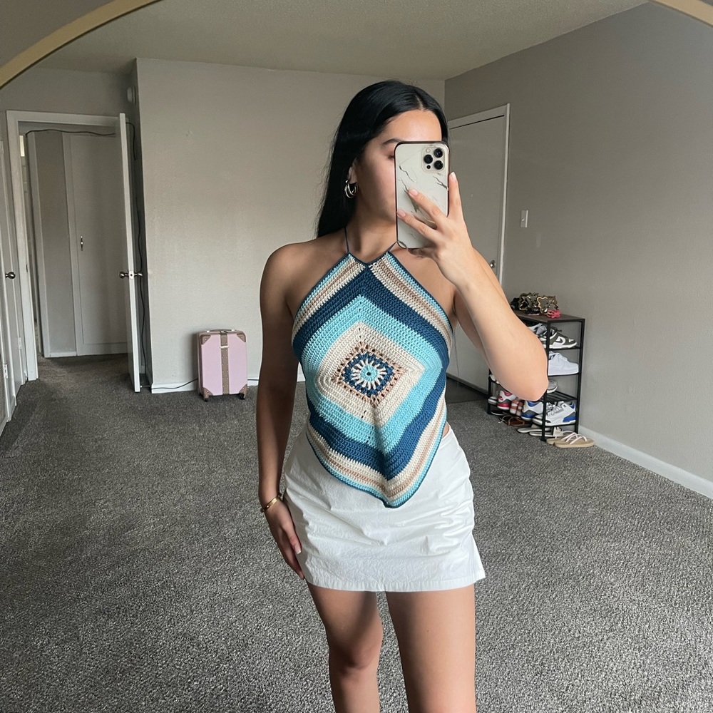 Blue and Cream Halter Top